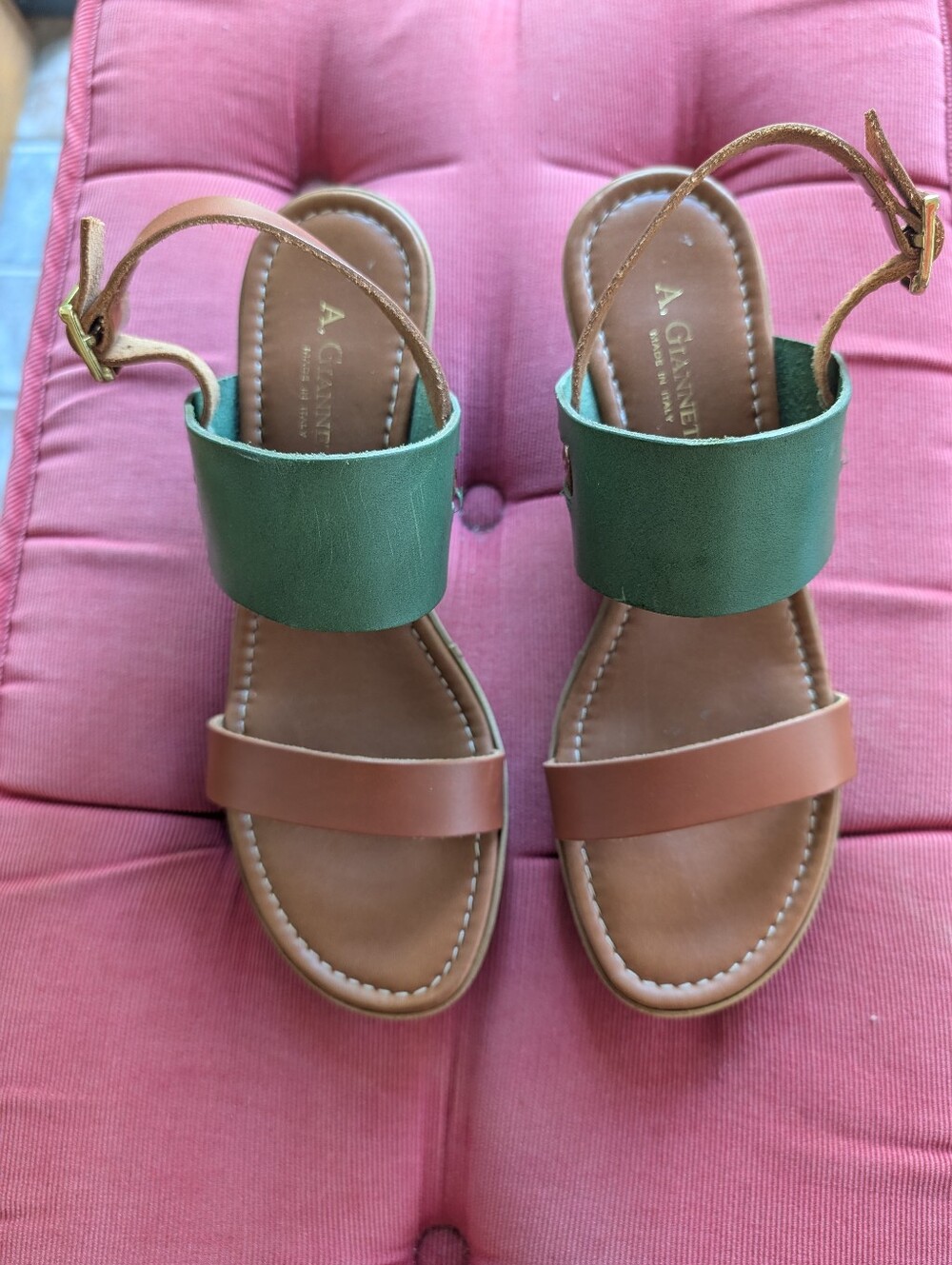 A. Giannetti Green & Brown Leather Sandals